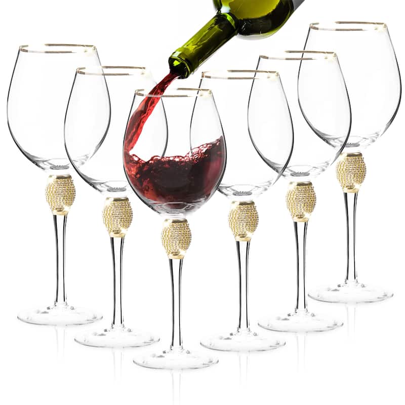 Berkware Red Wine Glass with Rhinestone Design Gold or Silver Rim - Set of 6 - Gold