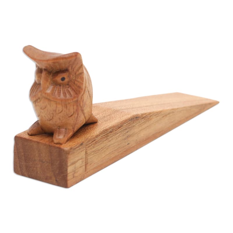 Novica Handmade Mysterious Brown Owl Wood Door Stop