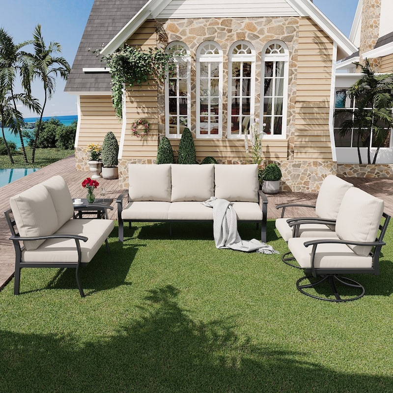 EROMMY Patio Set: 360° Swivel Rockers, Sofa, Ottomans & Table – Outdoor Conversation Set for Poolside, Garden & Deck - 5 PCS - Sofa & Swivel Rocking Chair - Beige