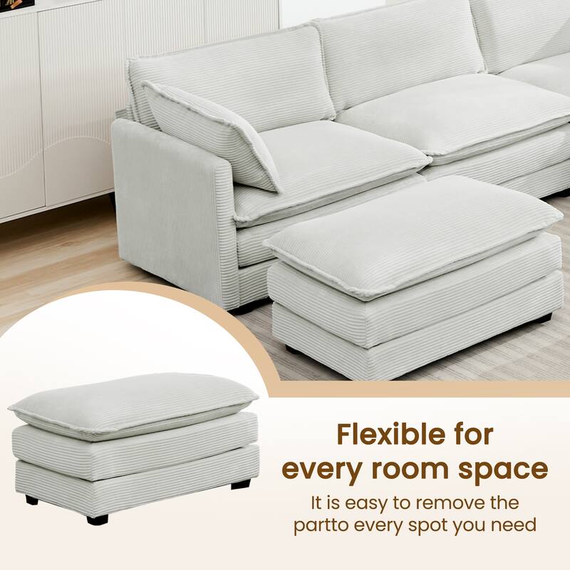 7-Seater Corduroy Sectional Sofa with 2 Removable Ottomans & Corner Seat, Soft & Comfortable - 5 Seats with 2 Ottoman