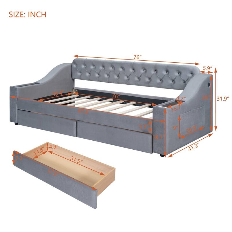 Twin Size Velvet Upholstered Daybed with Storage Armrests and USB Port