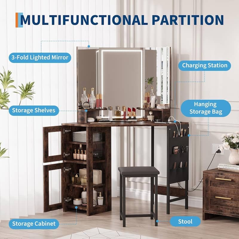 Corner Vanity Desk and Stool, Makeup Dressing Table Set with Light Mirror