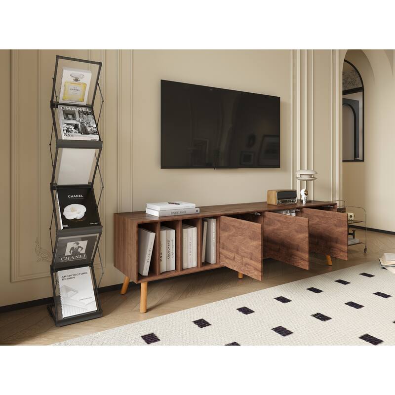 TV Stand with Sliding Doors and Shelves, Entertainment Center with Storage, Media Console Table with 5 Solid Wood Legs