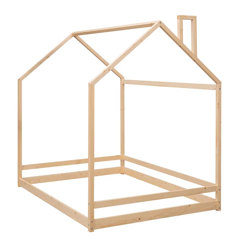 Twin/Full Size Wooden House Bed for Kids, Semi-Enclosed Playhouse Design with Roof, Perfect for Bedroom Fun and Sleep