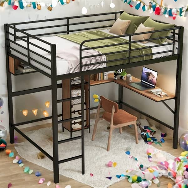 slide 2 of 12, Full Size Metal & Wood Loft Bed with L-Shaped Desk and Shelves, Black and Brown Black