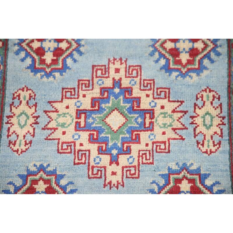 Hand Knotted Oriental 100% Wool Carpet Traditional Geometric Navy Blue & Blues Kazak Runner Rug - 6' 6'' X 2' 9''