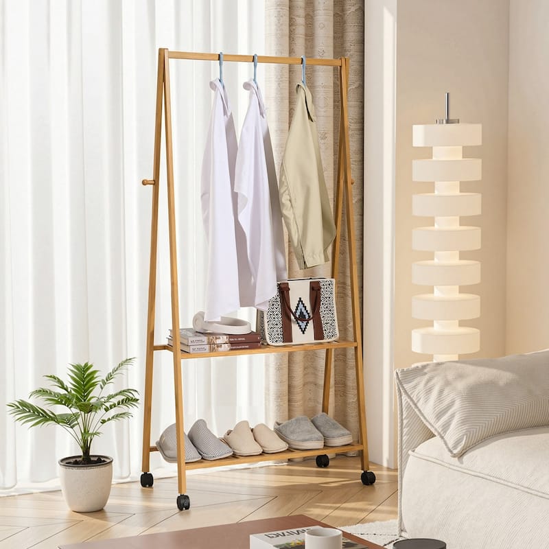 Javlergo 59/53 Inch Tall Bamboo Coat Rack with 2 Shelves 4 Wheels & Hooks Multi-Functional Freestanding Clothes Rack for Bedroom - 59 Inches High