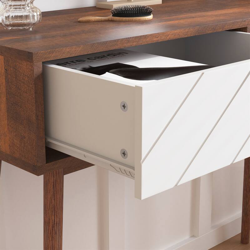 Console Table with 2 Carved Panel Drawers, Storage Space and Wood Legs