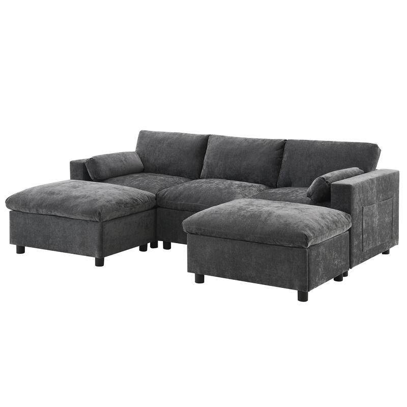 U-Shaped Sectional Sofa with Removable Ottomans, Convertible Sleeper Bed with Storage Pockets, Chenille Upholstered Cloud Couch