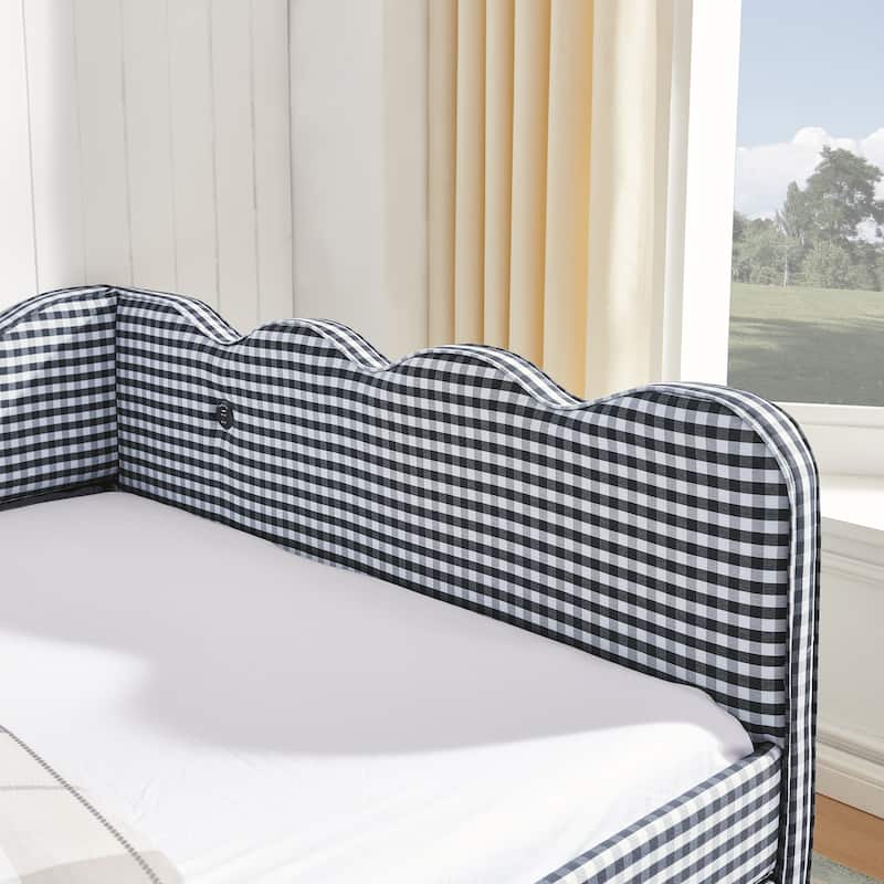Full Size Gingham Daybed with Twin Trundle, USB Port, Wave Shaped Design & Linen Fabric - No Box Spring Needed