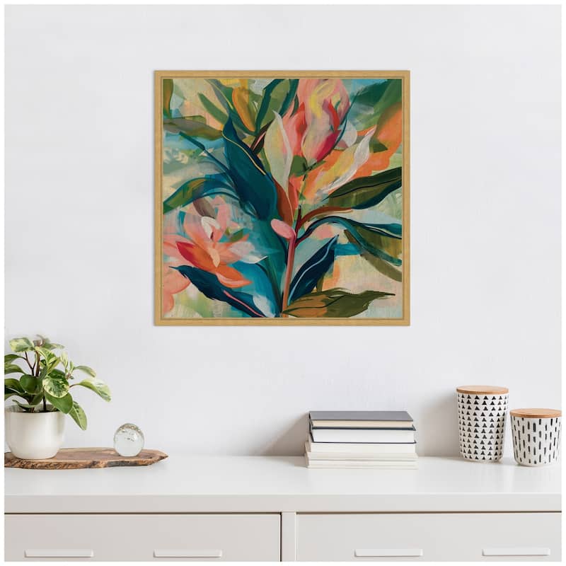 Kate and Laurel Sylvie Colorful Tropic Botanical Abstract Neutral Linen Framed Canvas by The Creative Bunch Studio