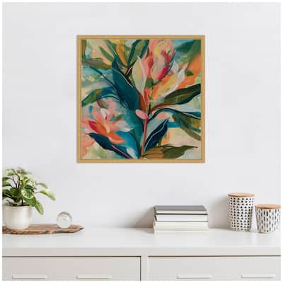 Kate and Laurel Sylvie Colorful Tropic Botanical Abstract Neutral Linen Framed Canvas by The Creative Bunch Studio