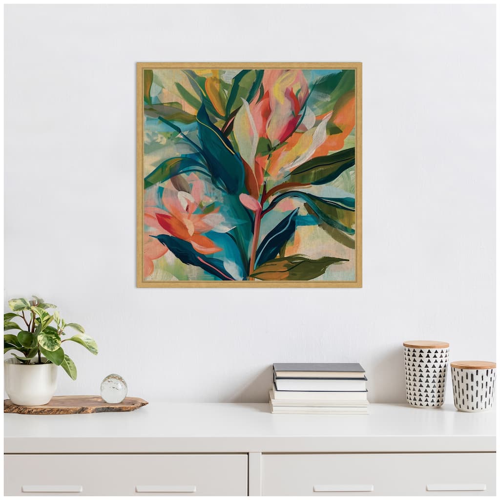 Kate and Laurel Sylvie Colorful Tropic Botanical Abstract Neutral Linen Framed Canvas by The Creative Bunch Studio