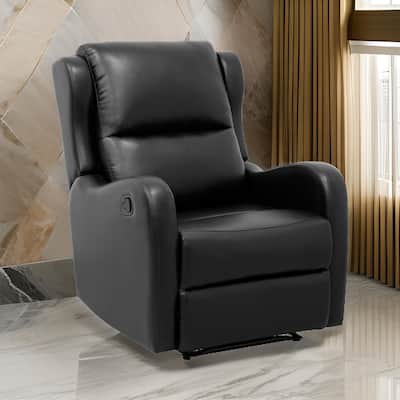 Kim 38 Inch Manual Recliner Chair, Cushioned Black Faux Leather, Solid Wood