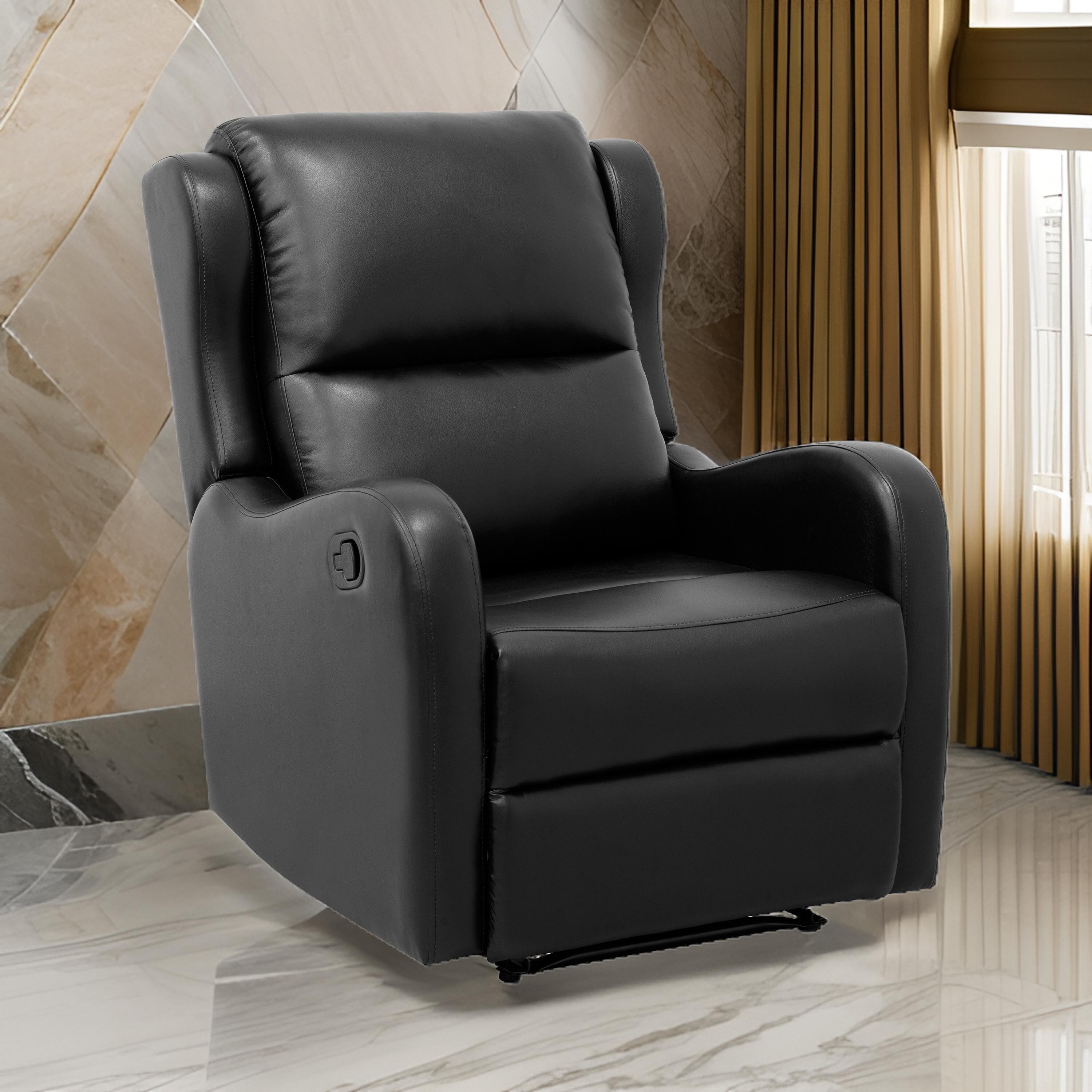 Benjara Kim 38 Inch Manual Recliner Chair, Cushioned Black Faux Leather, Solid Wood