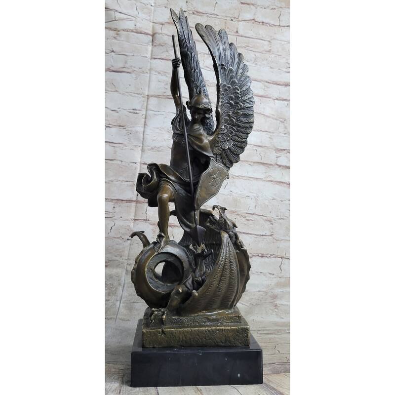 Signed Saint George Killing Dragon Bronze Sculpture Art Statue Figure Figurine