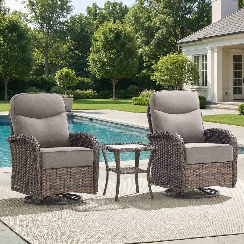 Pocassy Outdoor Wicker Patio Swivel Chair with Ottoman Sets - Brown Wicker Gray Cushion - 3-Piece Swivel Chair  with Side Table