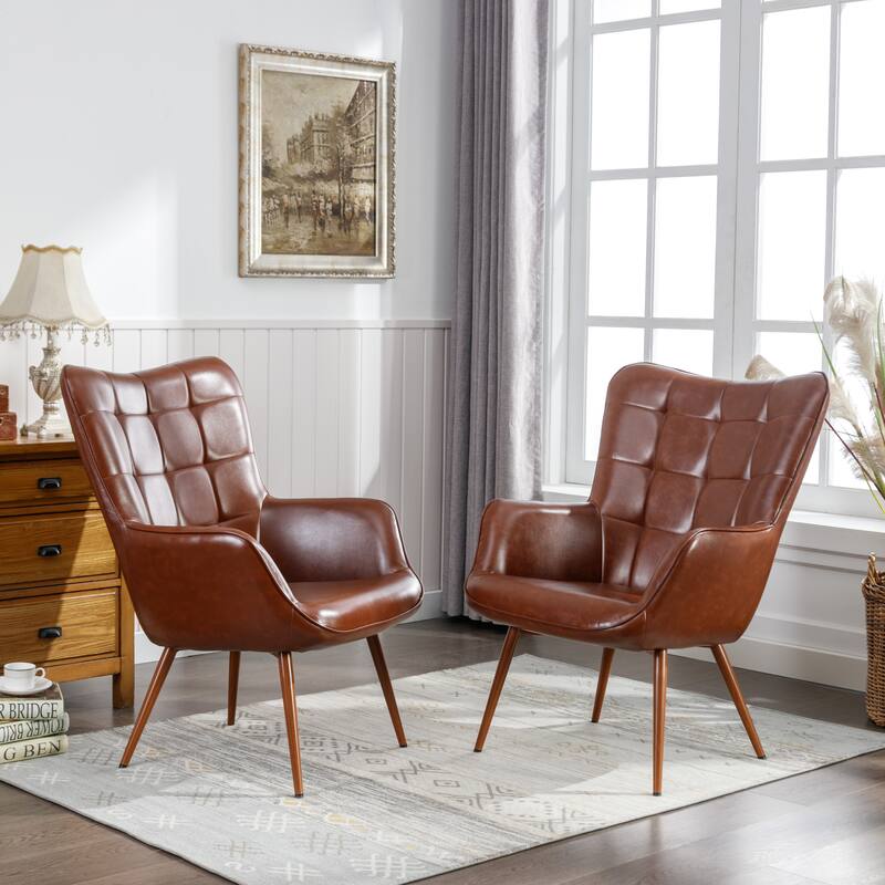 Vintage Wingback Chair Tufted Button PU Leather Accent Chair