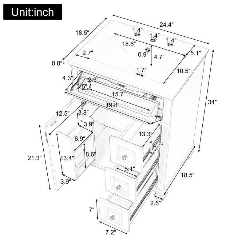 24" Bathroom Vanity with Sink, Freestanding Vanity Cabinet with Flip-Out Drawer, 3 Drawers, Ceramic Top
