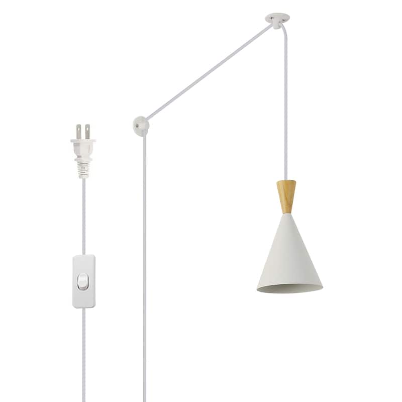 Modern Black/White Pendant Light Fixture with Plug in Cord Wood Metal, Adjustable Chandelier Hanging Lamps for Bedroom - White