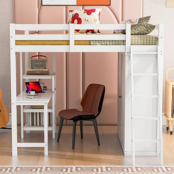 slide 2 of 13, Multifunctional Design Loft Bed with Ladder, Guardrails, Wardrobe, Desk and Shelves, Full Size, White White