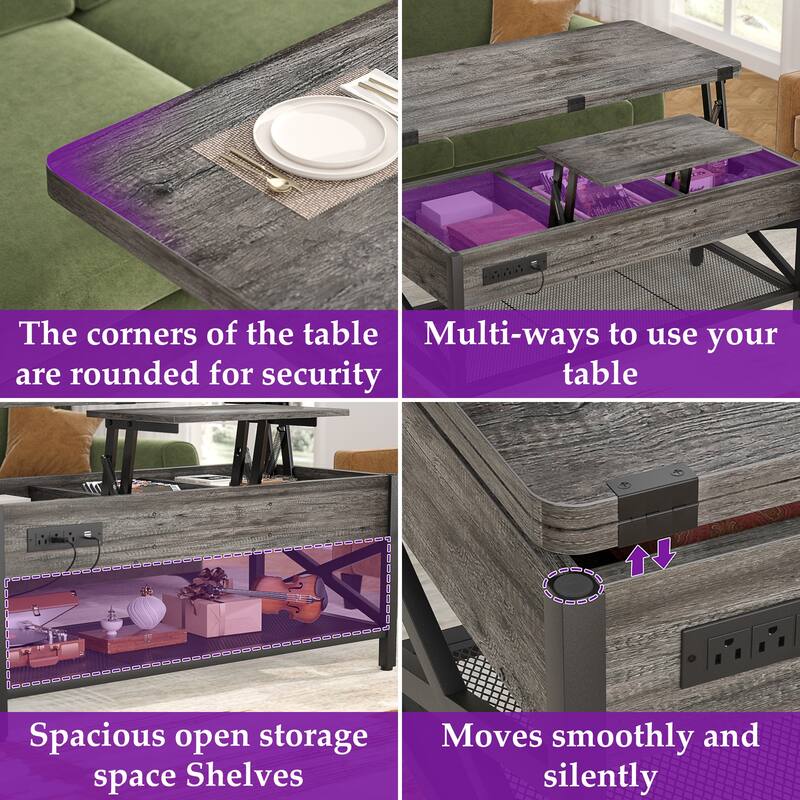 Farmhouse Lift Top Multi-Function Coffee Table Converts to Dining Table with LED Light and Power Outlet