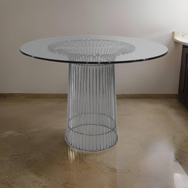 Pima 40 Inch Dining Table, Round Tempered Glass Top, Open Padestal Base