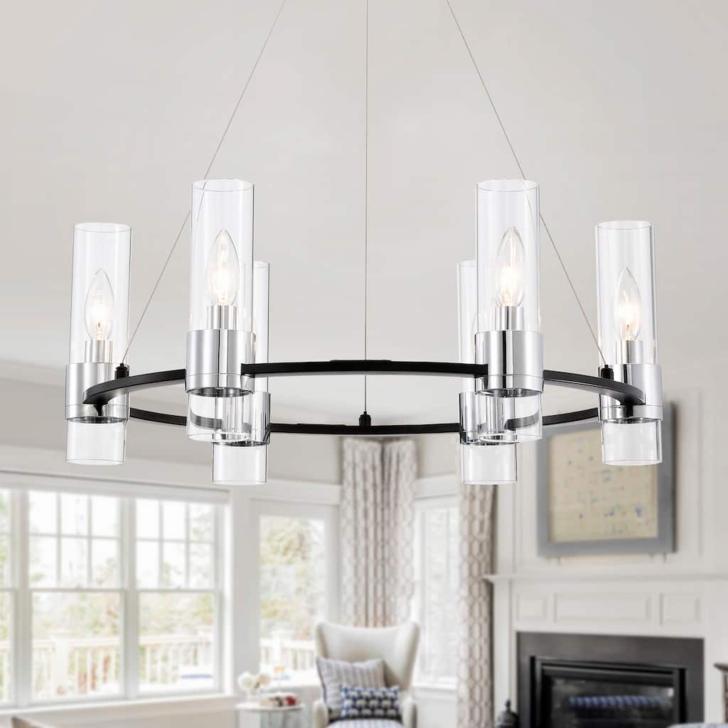 23" Brever Black 6-Light Chandelier Fluted Glass Shade Candelabra