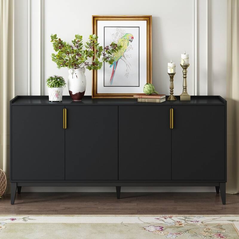 Storage Cabinet Sideboard Wooden Cabinet with 4 Doors for Hallway, Entryway, Living Room, Bedroom, Adjustable Shelf - Black