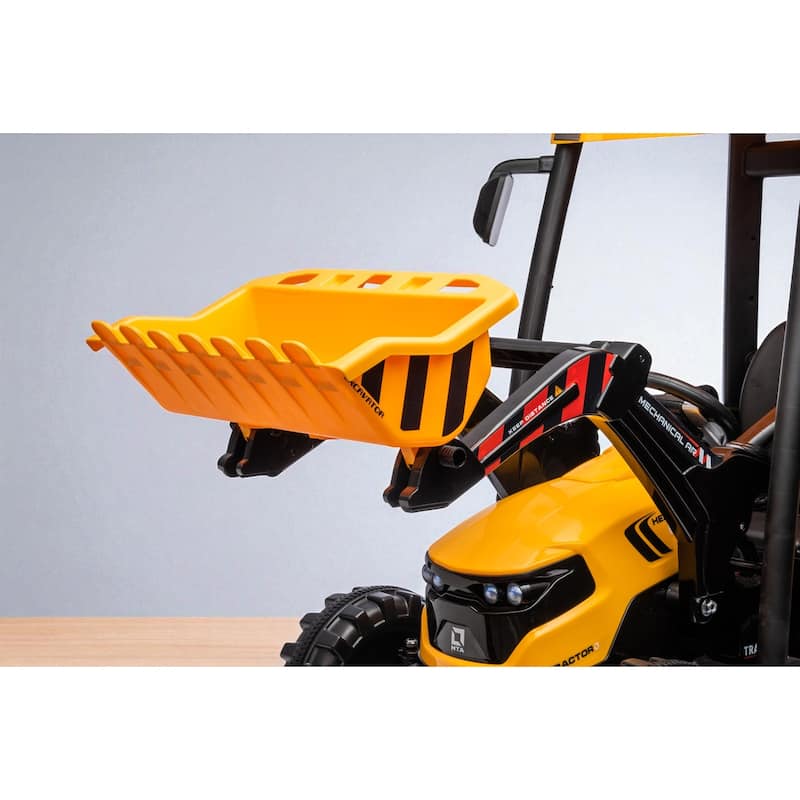24V Kids Ride On Tractor with Remote Control, Electric Pedal Car with Trailer, Working Loader & Backhoe Digger