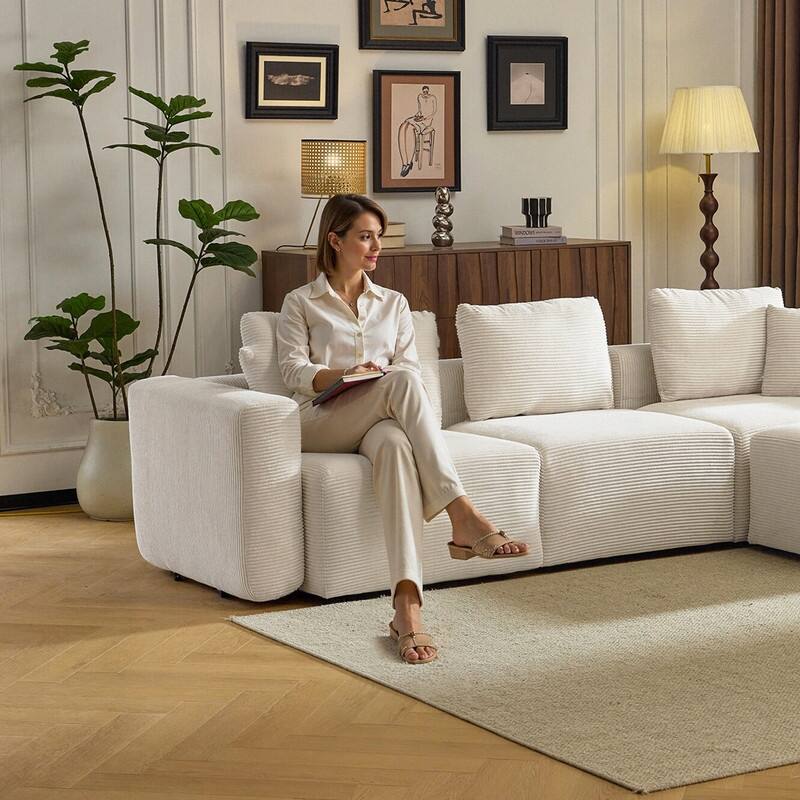 112.2‘’ W Corduroy Modern Compressed Block Sectional Couch with Plush Cushions