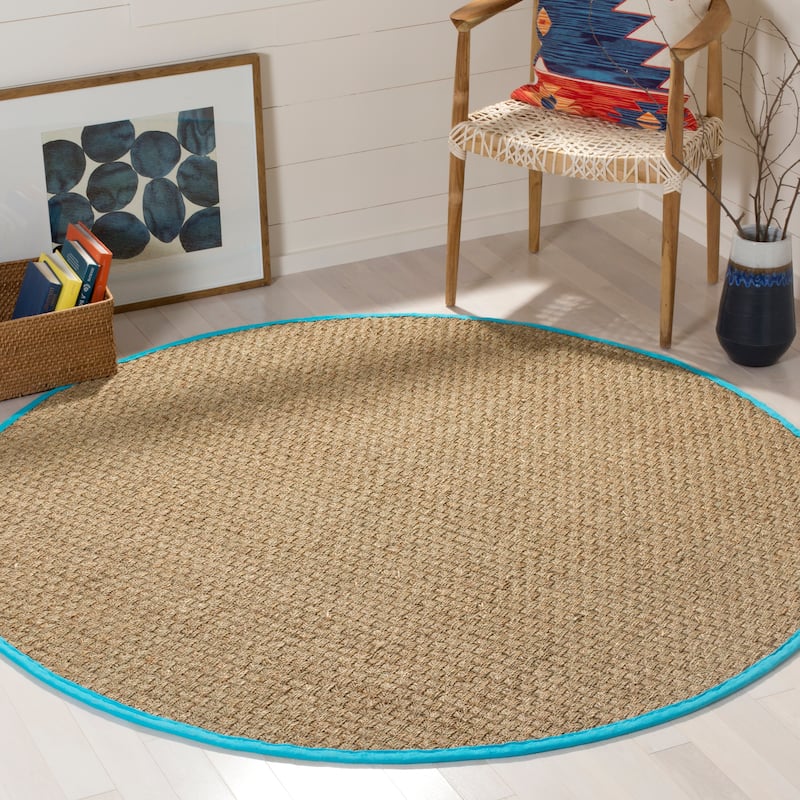 SAFAVIEH Natural Fiber Marina Basketweave Seagrass Rug - 6' Round - Natural/Turquoise - Round