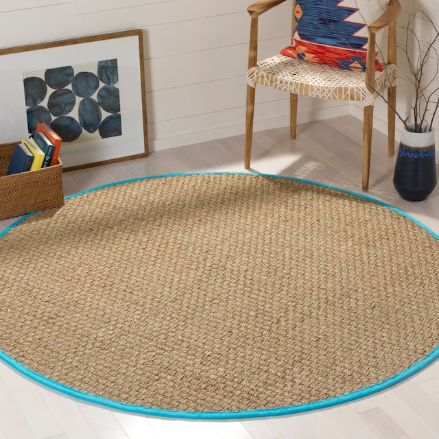 SAFAVIEH Natural Fiber Marina Basketweave Seagrass Rug - 6' x 6' Round - Natural/Turquoise