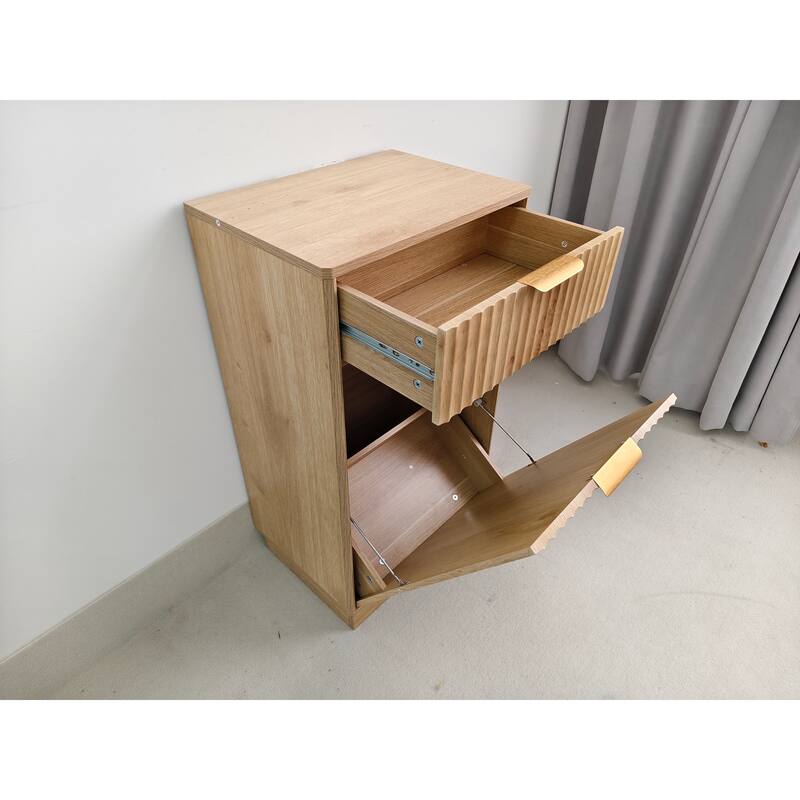 10-Gallon Woodgrain Tilt-Out Trash Can Cabinet Wooden Garbage Recycling Cabinet with Wave-Textured Hideaway Drawer&Pull-Out Bin