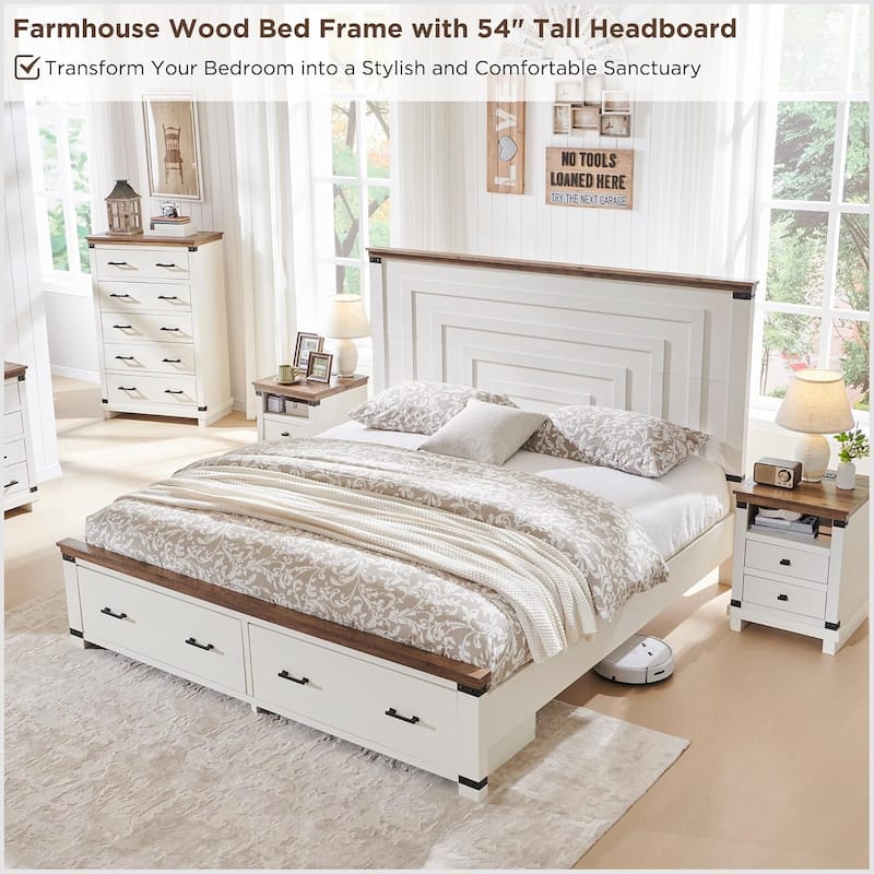 Farmhouse Wood Bed Frame with 54" Tall Headboard, 2 Large Drawers