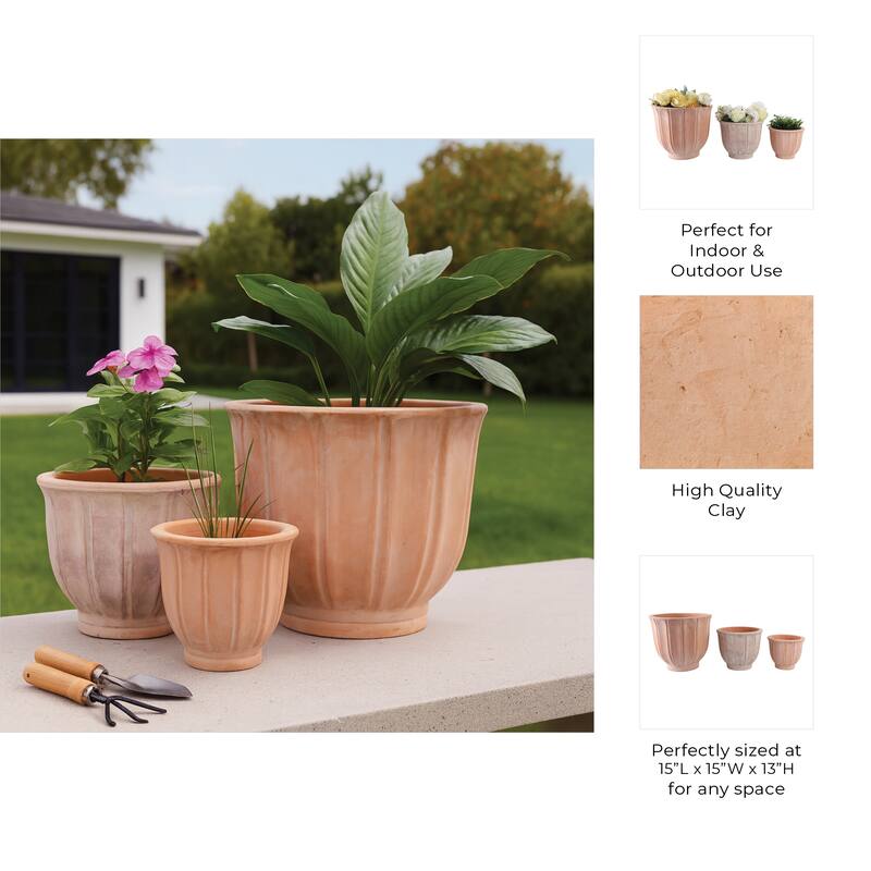 Fluted Ceramic Flower Pots and Planters - Set of 3, 15", 12", 9" - 15.0"