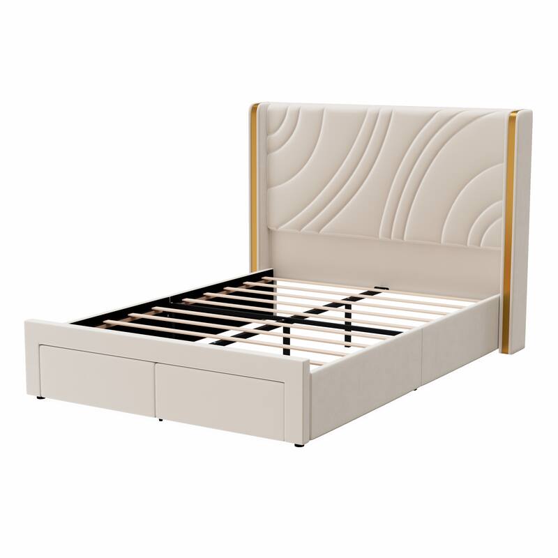 Velvet Upholstered Platform Bed with Smart Ambient Strip Lights Wingback Headboard, and Endbed Pull-out Storage Drawers