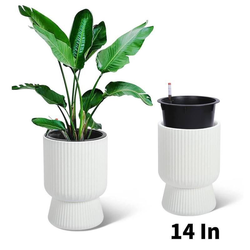 14" 2Pcs Self-Watering Planters, Flower Pots for Front Porch, Patio & Garden - White