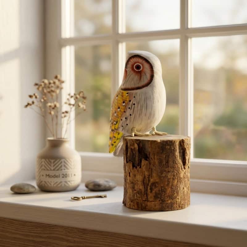 Wooden Hand Carved Yellow Barn Owl Standing on Log Statue Bird Figurine Sculpture Art Home Decor Handcrafted Decoration Handmade