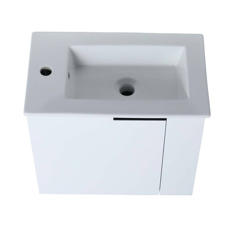 22 inch Plywood Wall-Mounted Bathroom Vanity in Grey Oak with Integrated Ceramic Sink in White with Soft Closing Door