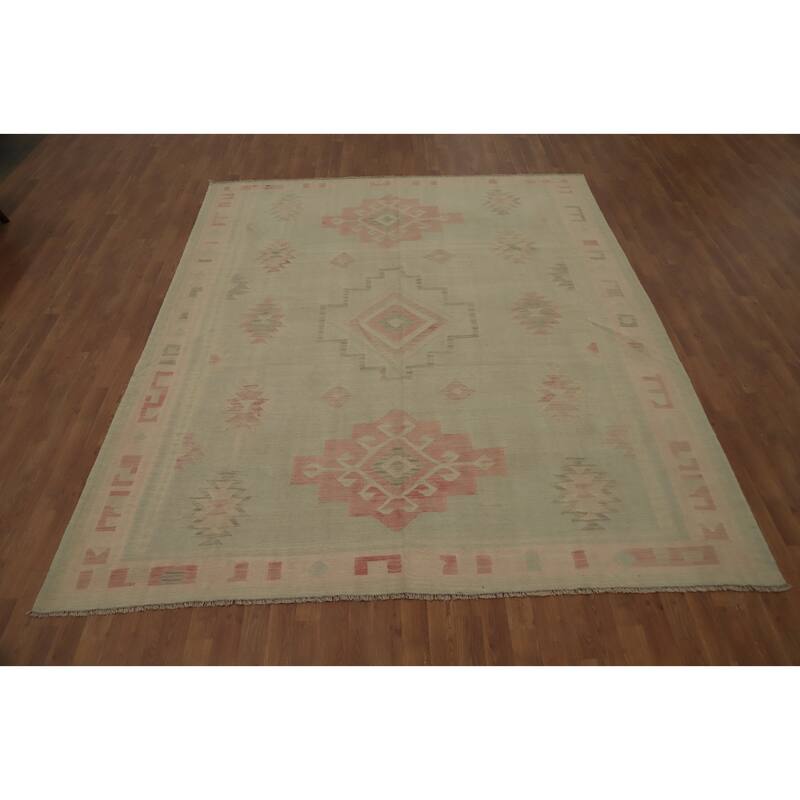 Hand Woven Oriental 100% Wool Carpet Southwestern Tribal Greys & Charcoal Kilim Area Rug - 9' 8'' X 8' 1''