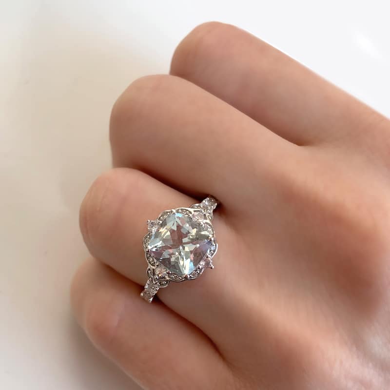 Miadora Vintage Aquamarine White Sapphire and Diamond Ring in 14k White Gold