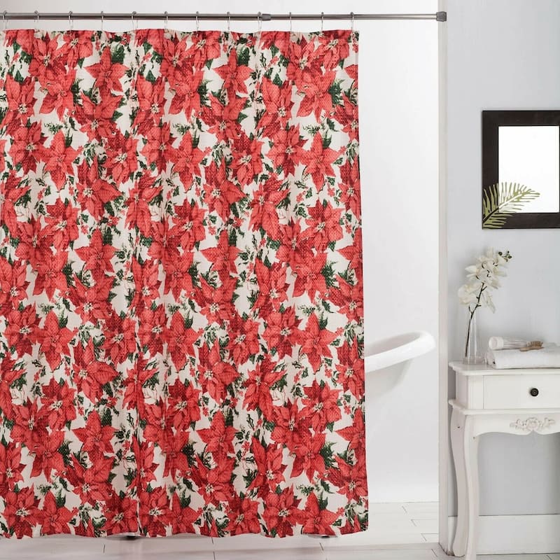 13 PC Christmas Shower Curtain Set with Metal Roller Hooks Dobby Printed Holiday Bathoom Décor - Red Poinsettia