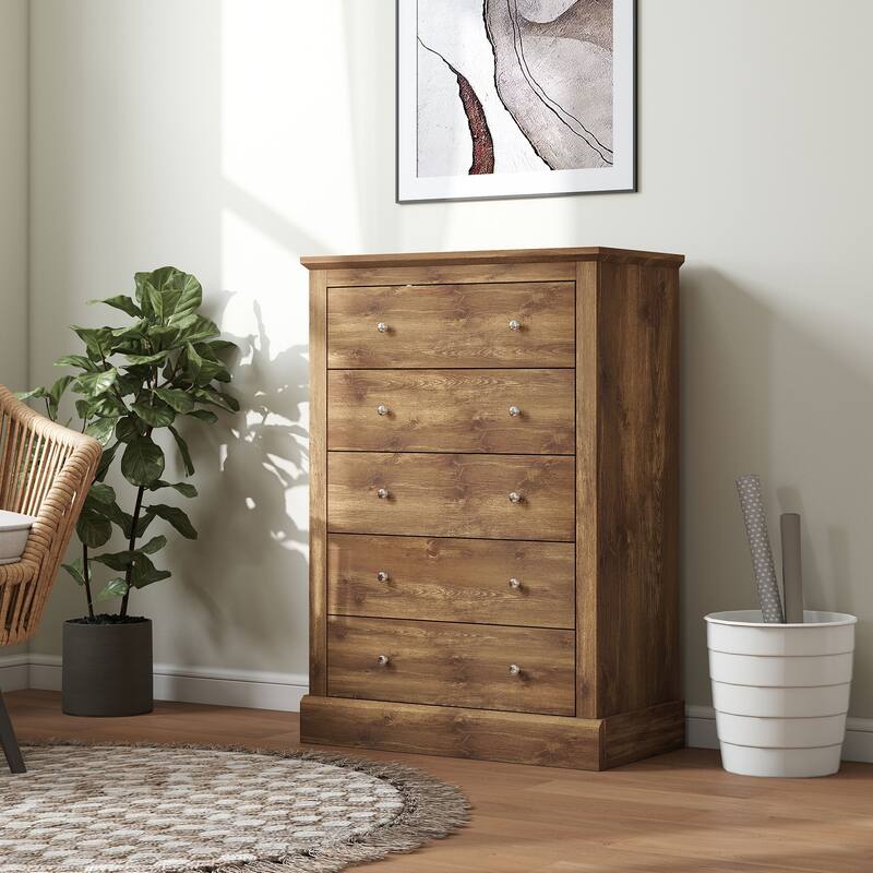 Classic Farmhouse 5-Drawer Dresser Particleboard & MDF Chest with Spacious Storage and Rustic Design