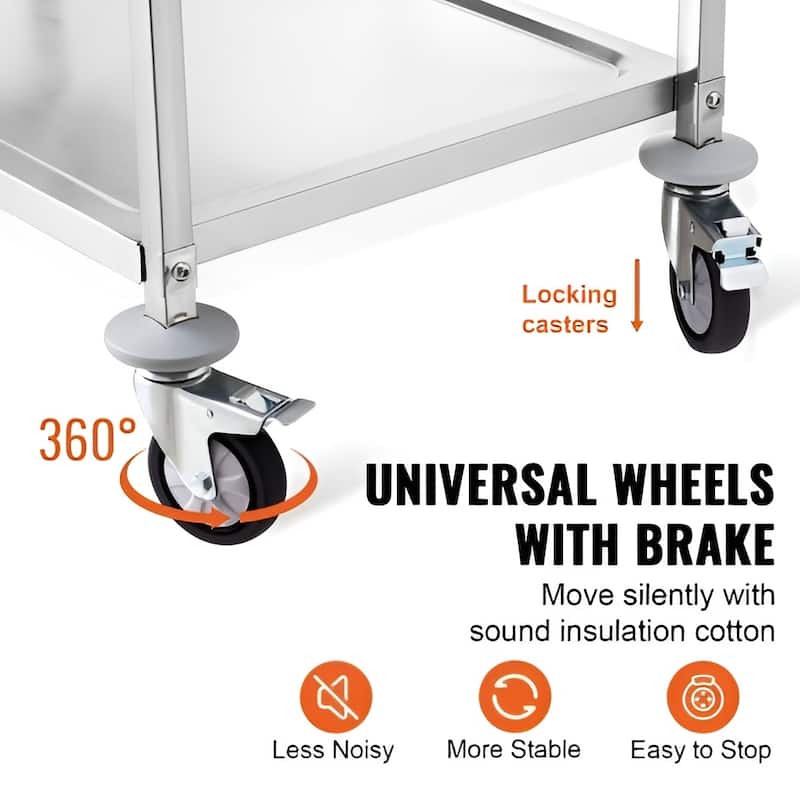 Silver Stainless Steel 3-Tier Utility Cart with Wheels and Adjustable Shelves - 37.5"D x 19.7"W x 37.7"H