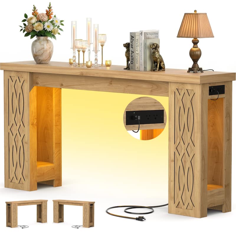47" Farmhouse Console Table with RGB LED Light ＆ Power Outlets, Unique Carved Design Farmhouse Entryway Table Sofa Table