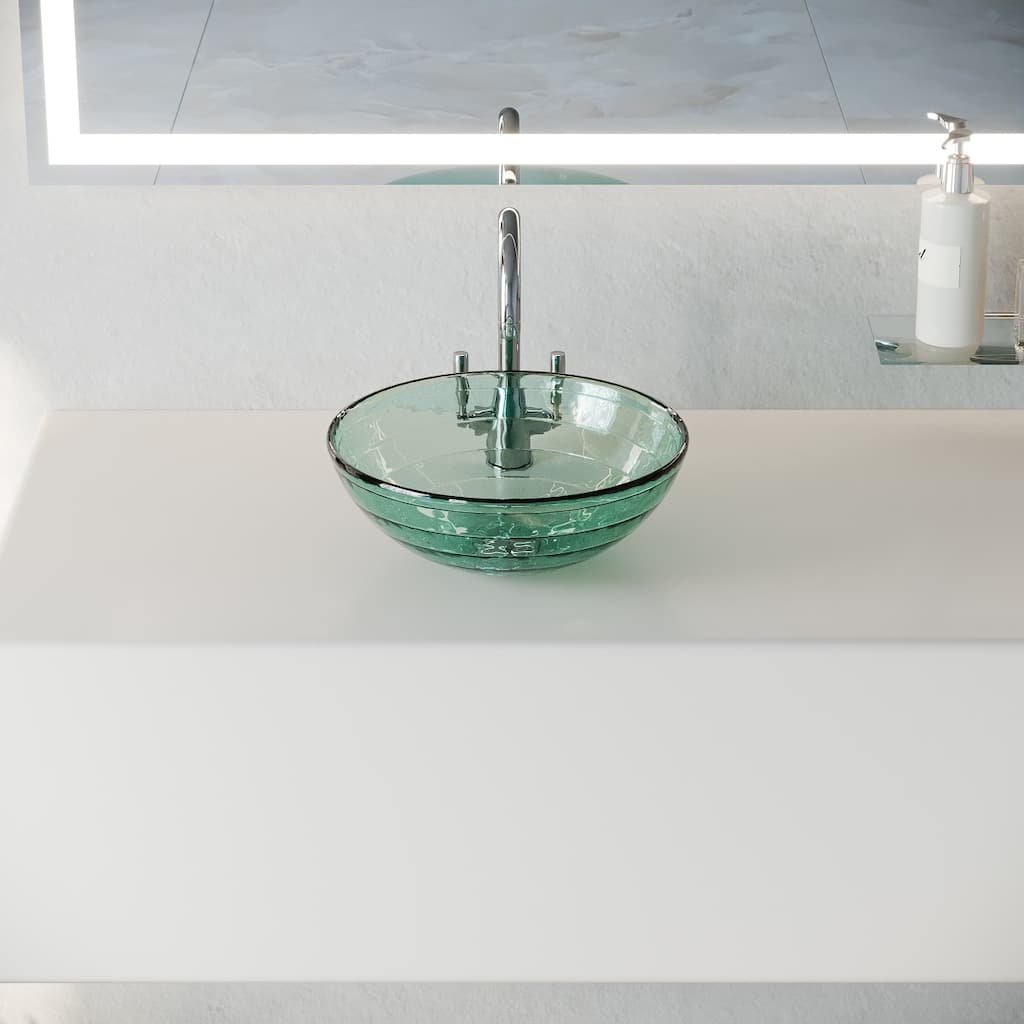 Frosted Green Bathroom Sink 12" Mini Small Round Tempered Glass Countertop Vessel Sink with Sink Drain Renovators Supply