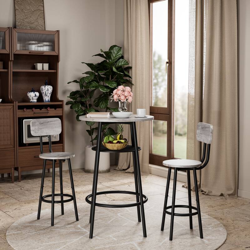 3-Piece Bar Table Set with 2 Bar Stools - Modern Pub Table with Backrests & Storage Shelf - Grey
