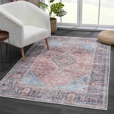 Hauteloom HOLI Living Room, Bedroom Machine Washable Area Rug - Light Blue, Green, Orange - 2' x 3' - 2' x 3'