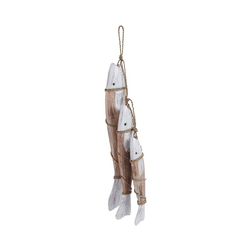 Decorative Wooden 3 Fish on Rope Figurine for Home Decor - 35", White - 35.0"